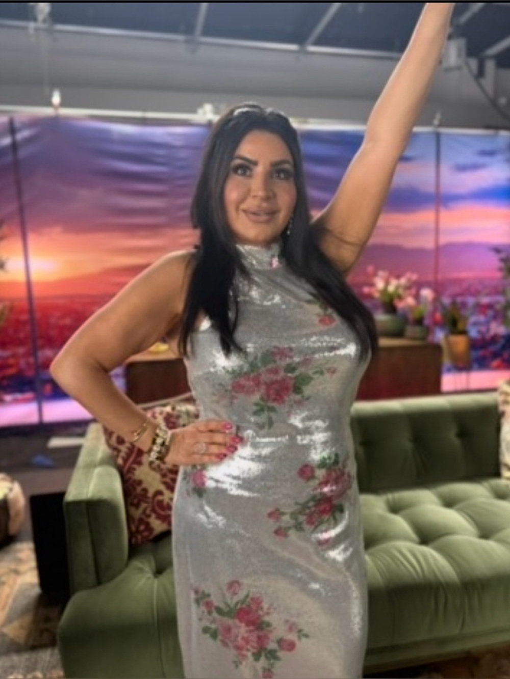 Silver Sequin Halter Formal Dress with Pink Floral Accents